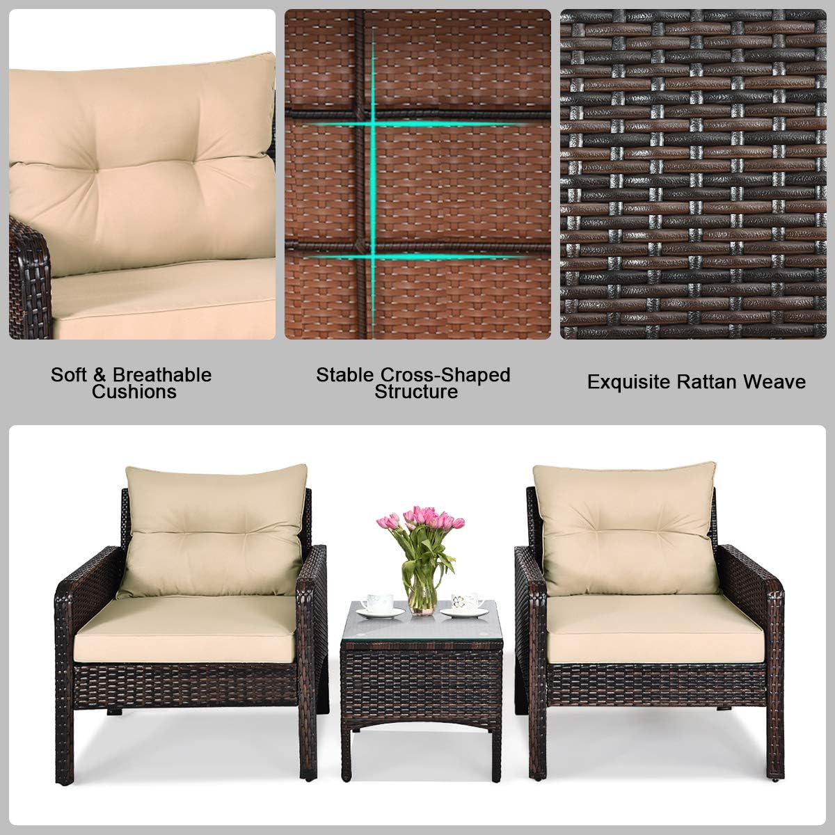 HAPPYGRILL 3 Pieces Patio Furniture Set Outdoor Rattan Wicker Coffee Table & Chairs Set with Seat Cushions Patio Conversation Set for Garden Balcony Backyard Poolside