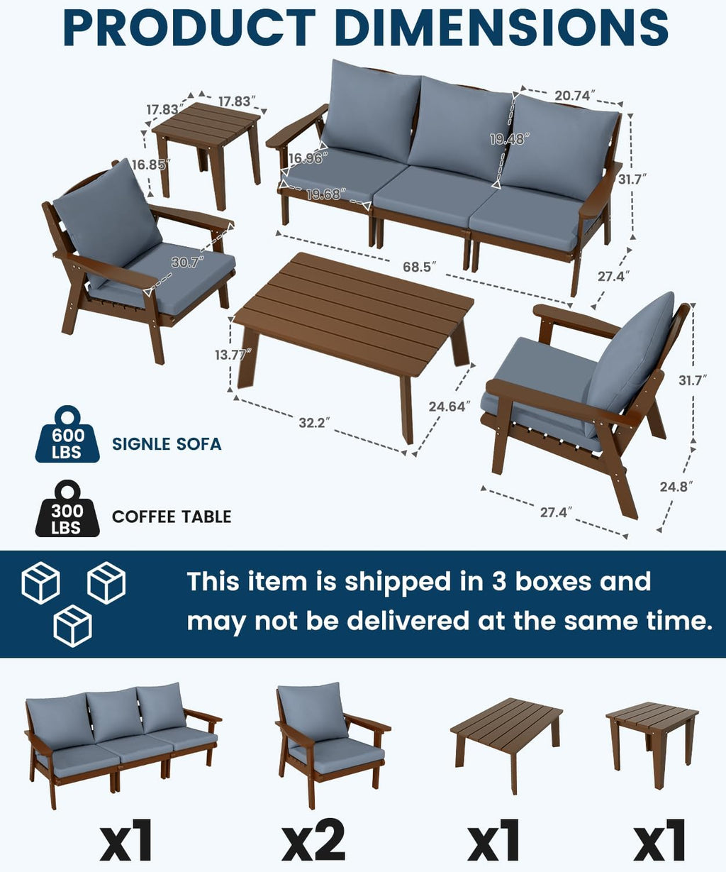 FOOWIN 7-Piece Patio Furniture Set, HDPE All-Weather Outdoor Conversation Set with Thick Cushions, Sectional Patio Sofa Furniture for Deck, Porch, Lawn, Garden, Brown Frame & Grey Cushion