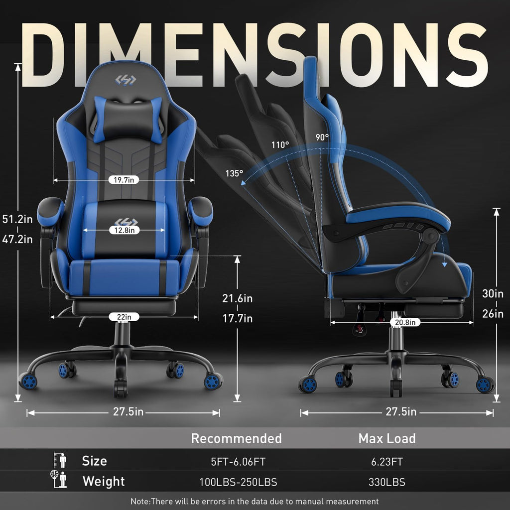 HLDIRECT Gaming Chair, Ergonomic Video Game Seat with 360° Swivel & Lumbar Massage, Computer Chair PU Leather Cushion for Adults Home/Office Use (Black & Blue)