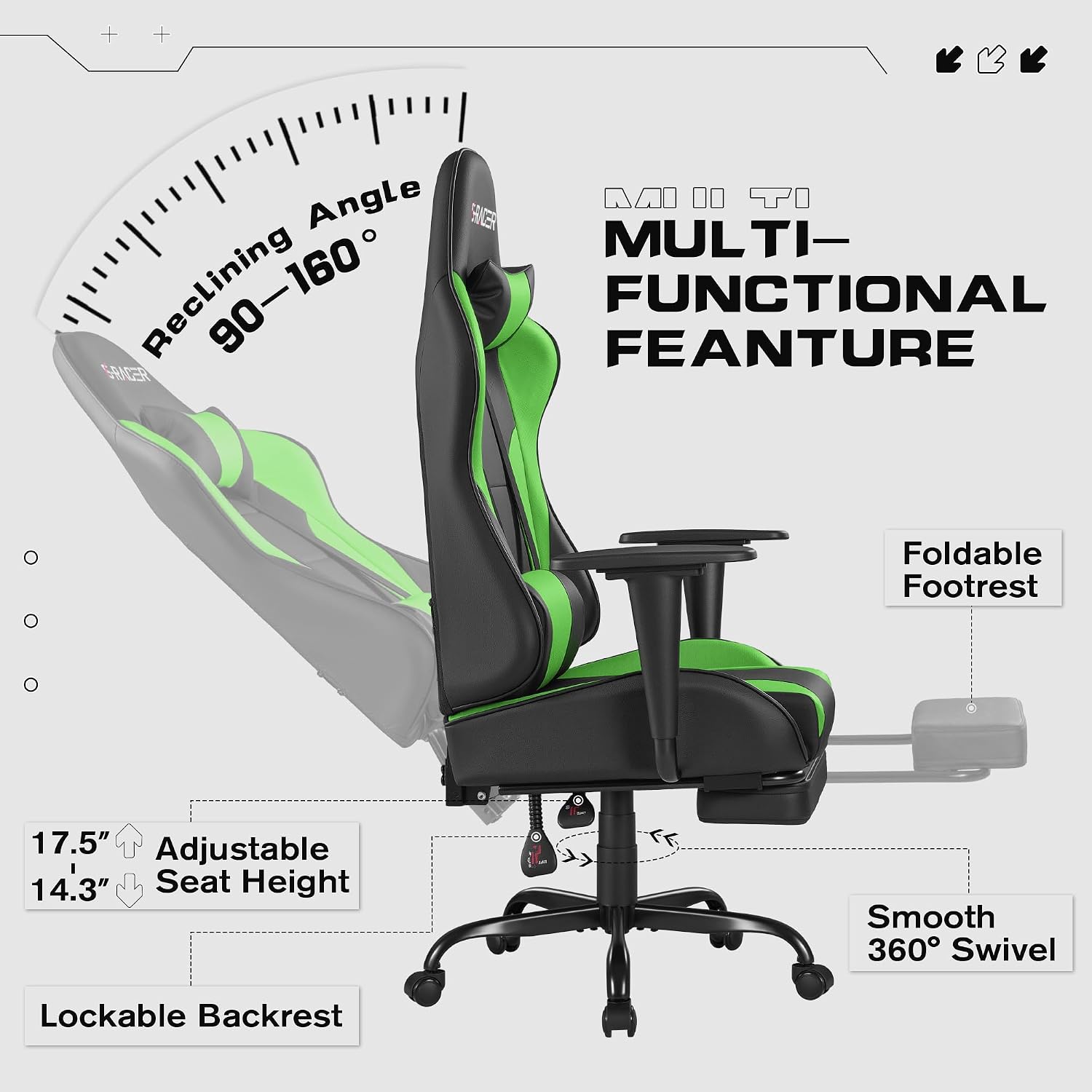 Homall Gaming Chairs, Computer Chair with Footrest and Massage Lumbar Support, Height Adjustable Game Chair with Headrest and Swivel Seat (Light Green)