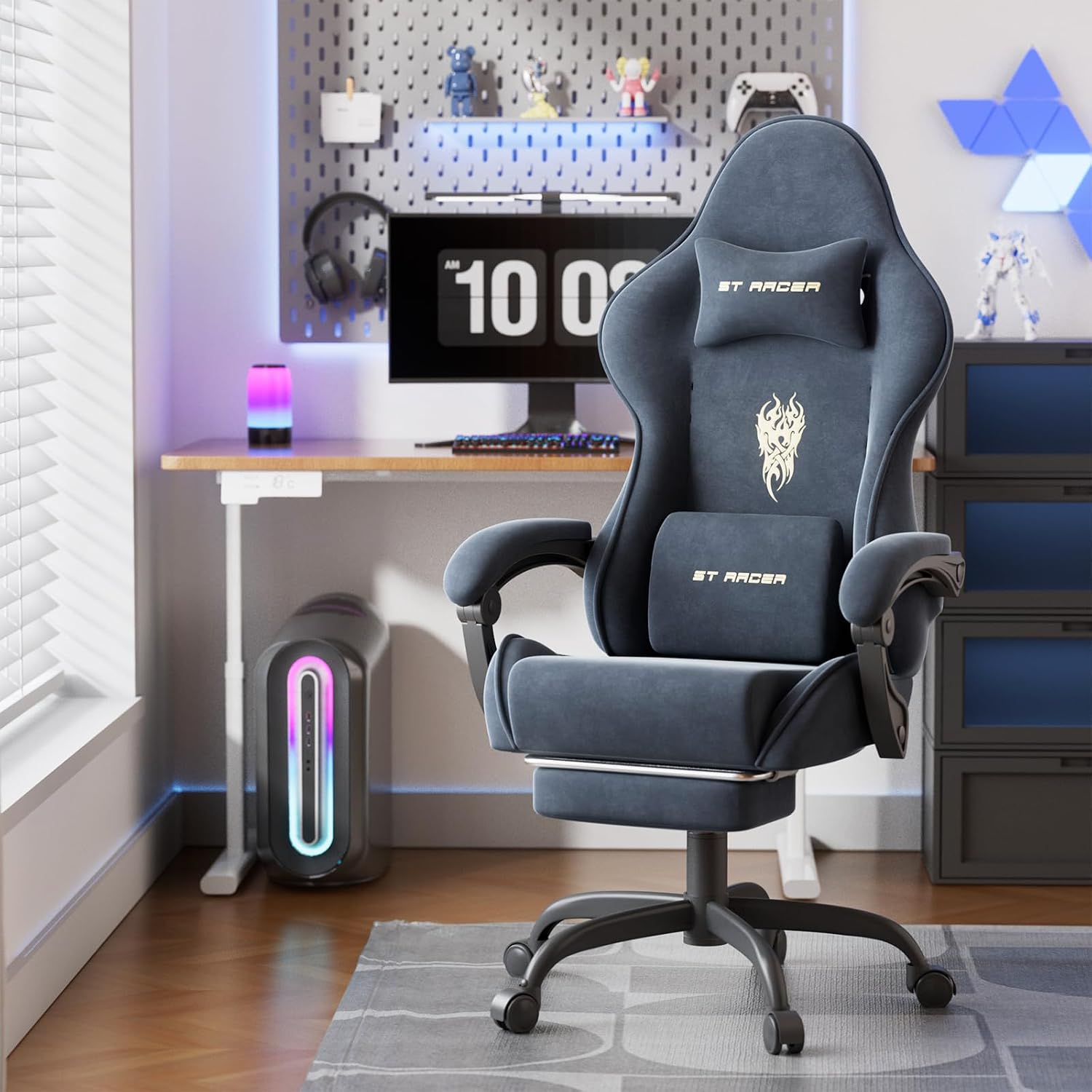 Ferghana Velvet Fabric Gaming Chair, High Back Ergonomic Gamer Chair for Adult, Comfortable Video Game Chair with Footrest and Massage Lumbar Cushion, Racing Reclining Office Computer Desk Chair Grey