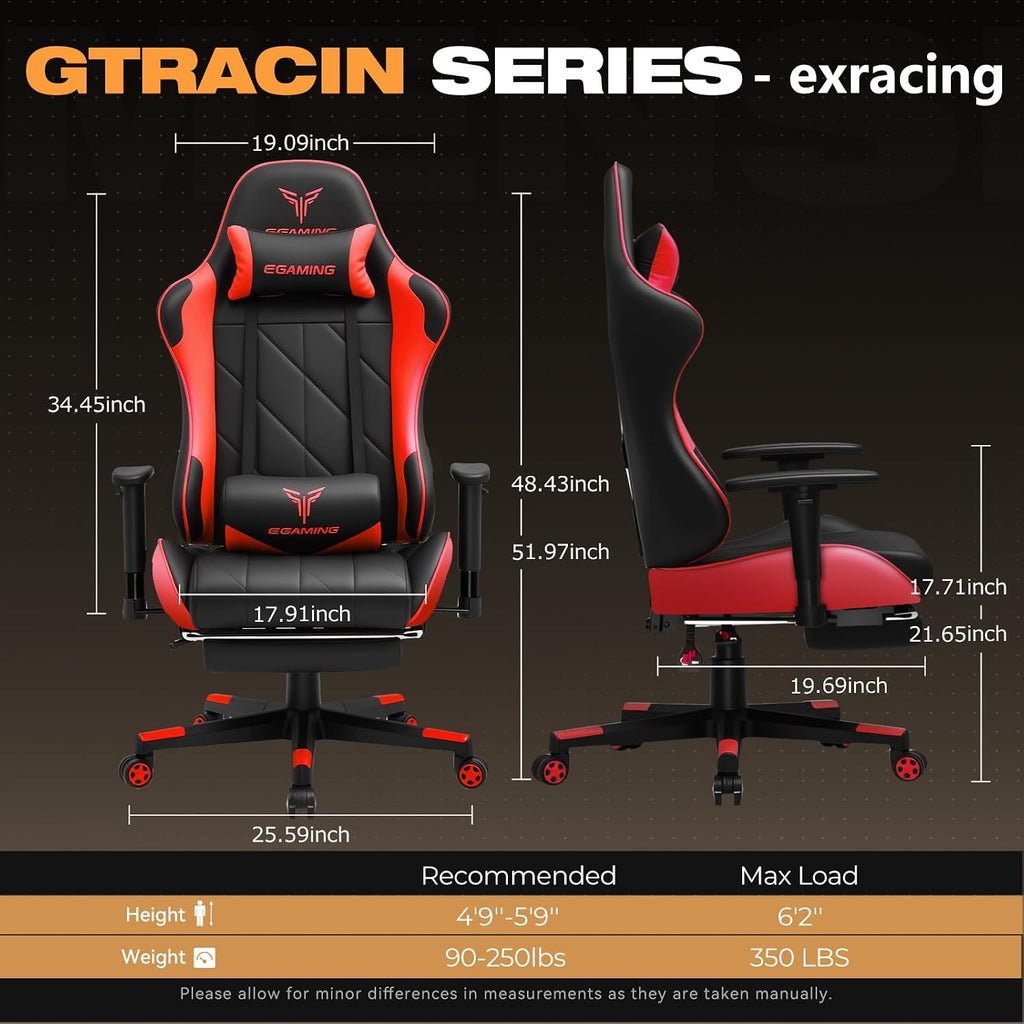 Gaming Chair with Footrest, Ergonomic High-Back PU Leather Computer Chair with 3D Adjustable Armrests, Headrest and Lumbar Support, Office Desk Chair with Diamond Stitching for Adults & Teen