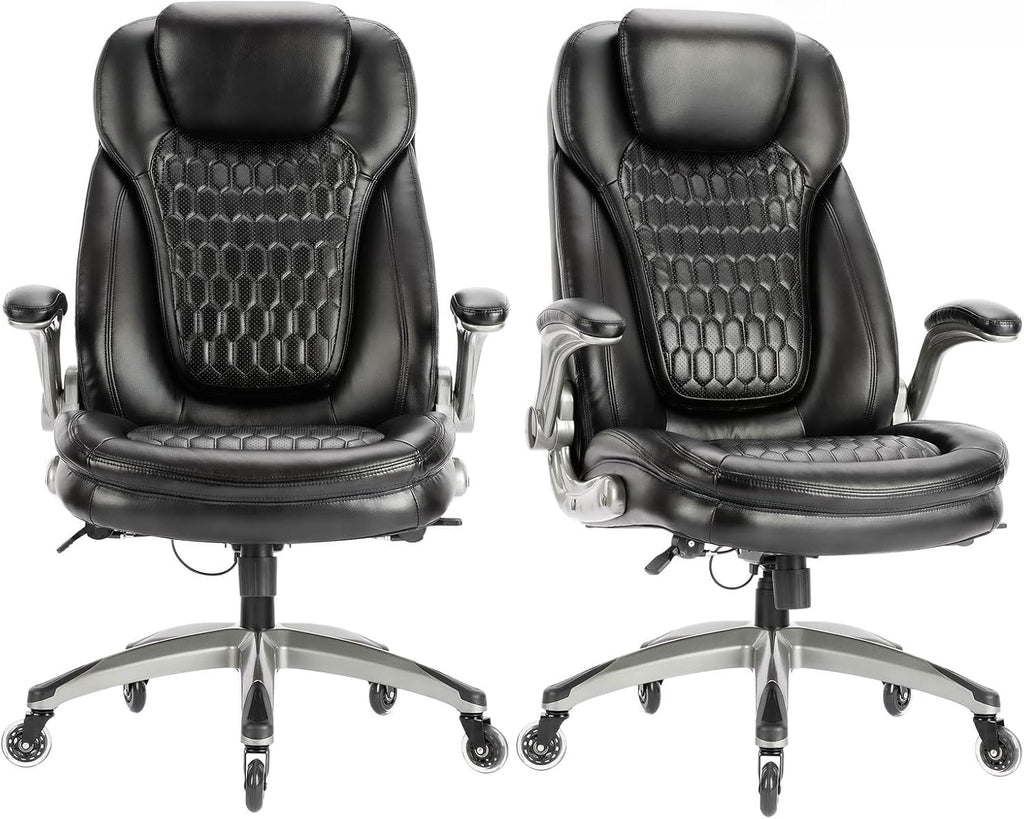 COLAMY High Back Executive Office Chairs,Ergonomic PU Leather Desk Chairs with Flip-Up Armrests, Adjustable Height, Lumbar Support,Comfortable Computer Chairs for Home Office,Set of 2