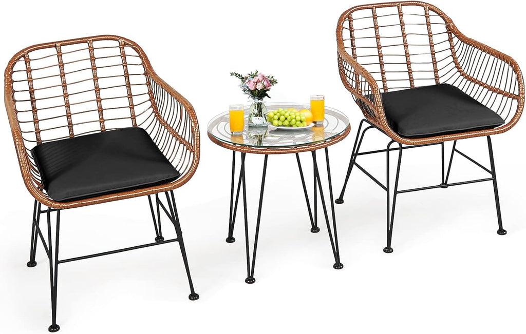 Tangkula 3 Pieces Patio Conversation Bistro Set, Outdoor Wicker Furniture w/Round Tempered Glass Top Table & 2 Rattan Armchairs, Bistro Chat Set w/Seat Cushions for Porch, Backyard, Garden