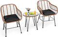 Tangkula 3 Pieces Patio Conversation Bistro Set, Outdoor Wicker Furniture w/Round Tempered Glass Top Table & 2 Rattan Armchairs, Bistro Chat Set w/Seat Cushions for Porch, Backyard, Garden