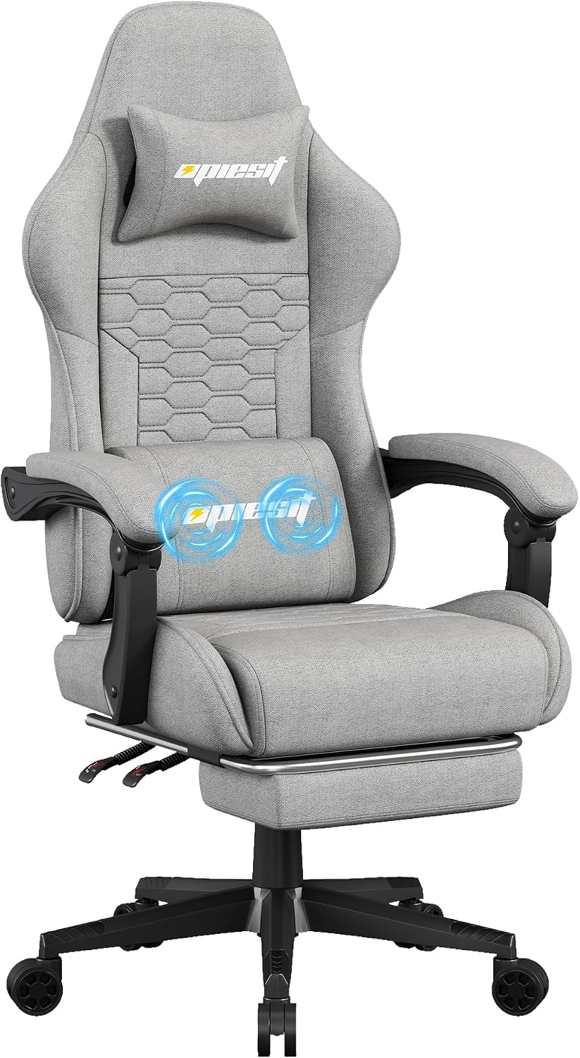Opiesit Gaming Chair,Computer Chair with Pocket Spring Cushion,Ergonomic Office Chair with Footrest,Height Adjustable Video Gamer Chair with Lumbar Support for Adults (with Massage, Light Gray)
