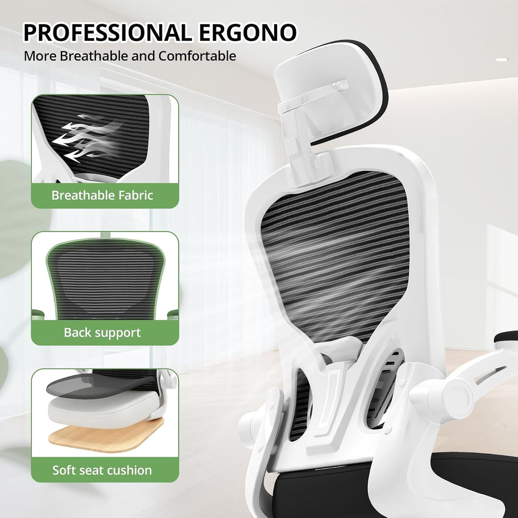 Office Chair Ergonomic Desk Chair, 330LBS Capacity, High Back Computer Design for Long Hours Comfort, Rolling Swivel Executive Task for Home Office with Flip-up Armrests(White Black)