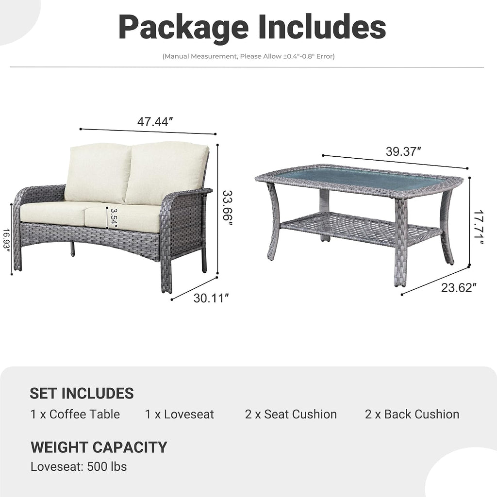 ovios 2-Piece Patio Furniture Set, Outdoor Wicker Sofa with Coffee Table, High Back Rattan Couch Loveseat with Comfy Cushions for Porch Yard Deck, Beige