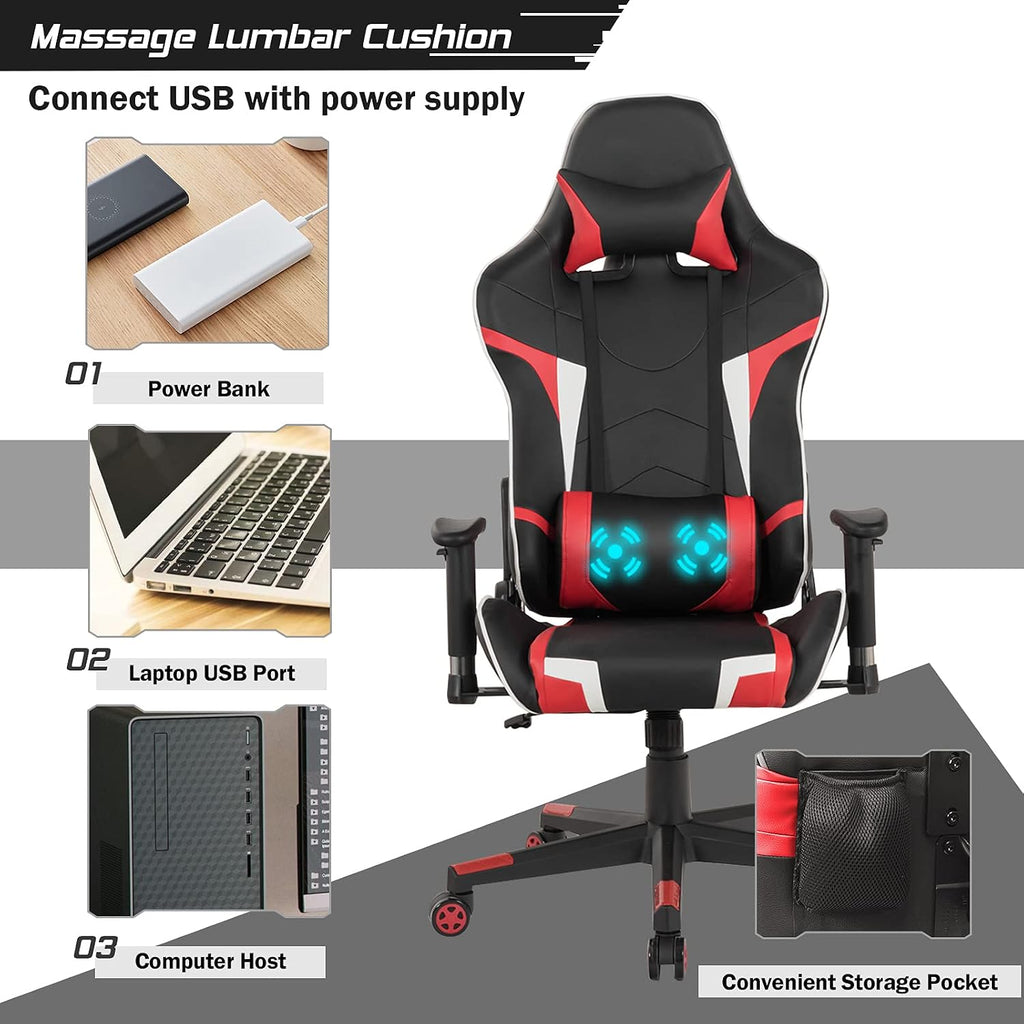 GYMAX Gaming Chair, Massage Gaming Chairs for Adults with Headrest, Lumbar Support & Armrest, Video Computer Reclining Gaming Chair, Office Desk Gamer Task Chair (Red Chair with Black Z-Shape Desk)