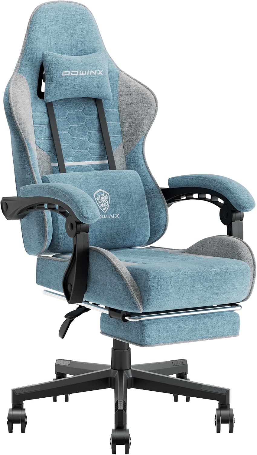 Dowinx Gaming Chair with Pocket Spring Cushion, Computer Office Game Chair, Linkage Armrests and Footrest, High Back Ergonomic Computer Chair with Lumbar Support Task Chair with Footrest(Blue)
