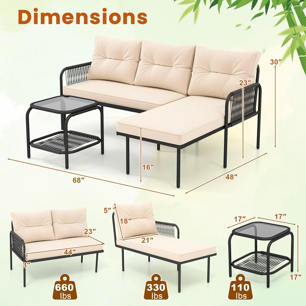 Tangkula 3-Piece L Shaped Patio Furniture Set, PE Rattan Sectional Sofas with Tempered Glass Table, Back and Seat Cushions, Outdoor Conversation Set for Porch, Backyard and Poolside