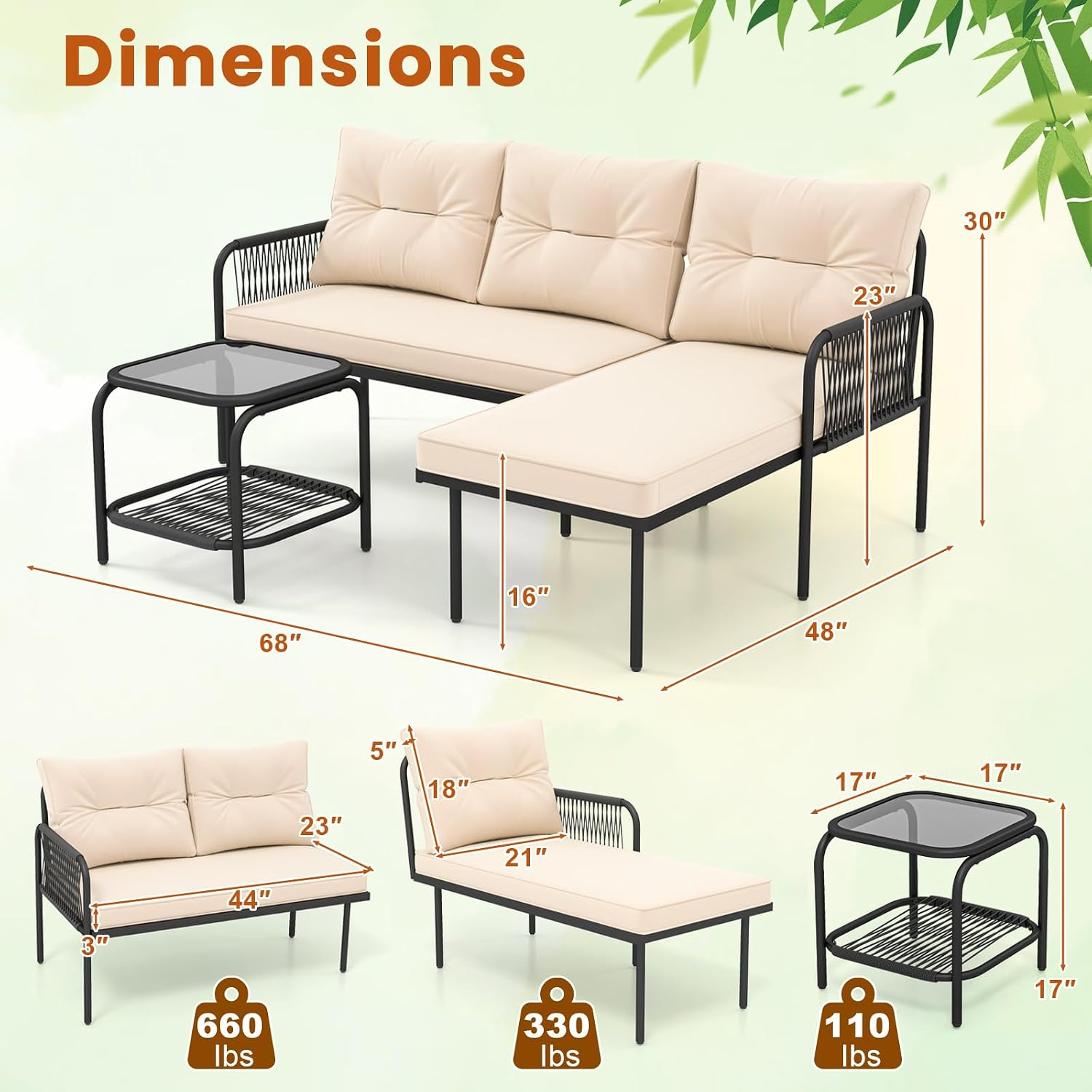 Tangkula 3-Piece L Shaped Patio Furniture Set, PE Rattan Sectional Sofas with Tempered Glass Table, Back and Seat Cushions, Outdoor Conversation Set for Porch, Backyard and Poolside