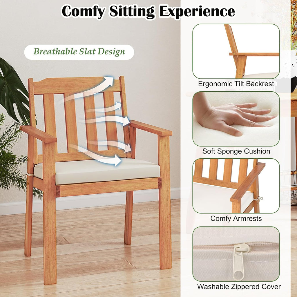 Tangkula 6 Pieces Patio Dining Table Set, 63' Rectangle Acacia Wood Table with Umbrella Hole and 4 Cushioned Armchairs and Backless Bench, Outdoor Dinette Furniture for Garden Yard Kitchen
