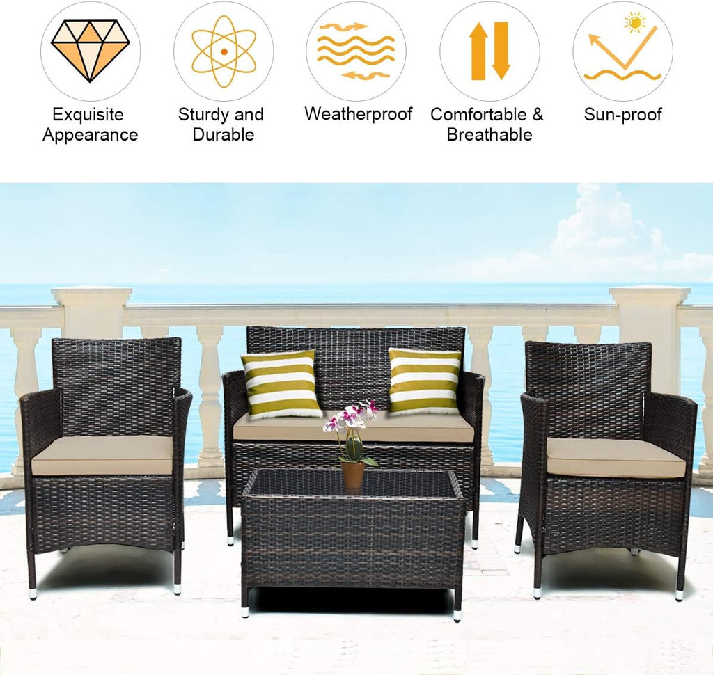 COSTWAY 4PCS Rattan Patio Furniture Set, Outdoor Wicker Rattan Chairs with Coffee Table, Rattan Cushioned Conversation Set for Backyard Balcony Porch Poolside, Brown