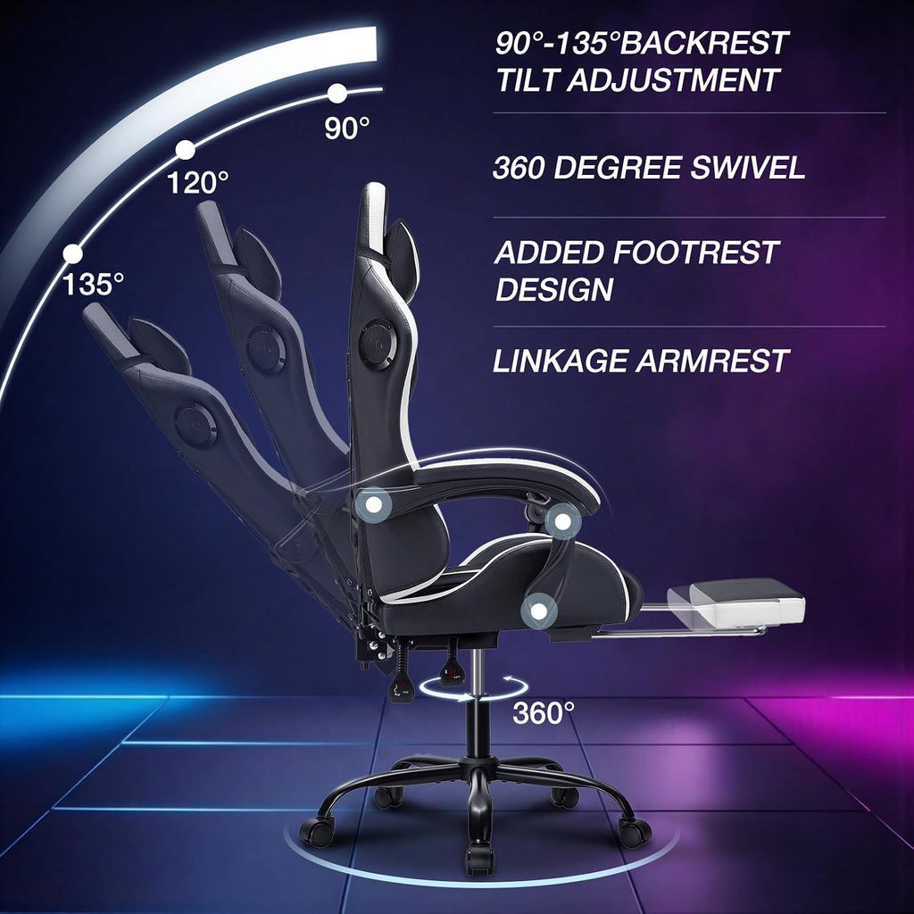 HOFFREE RGB Gaming Chair with Speakers Massage Computer Gaming Chair with LED Lights and Footrest High Back Video Game Chair for Adults White and Black