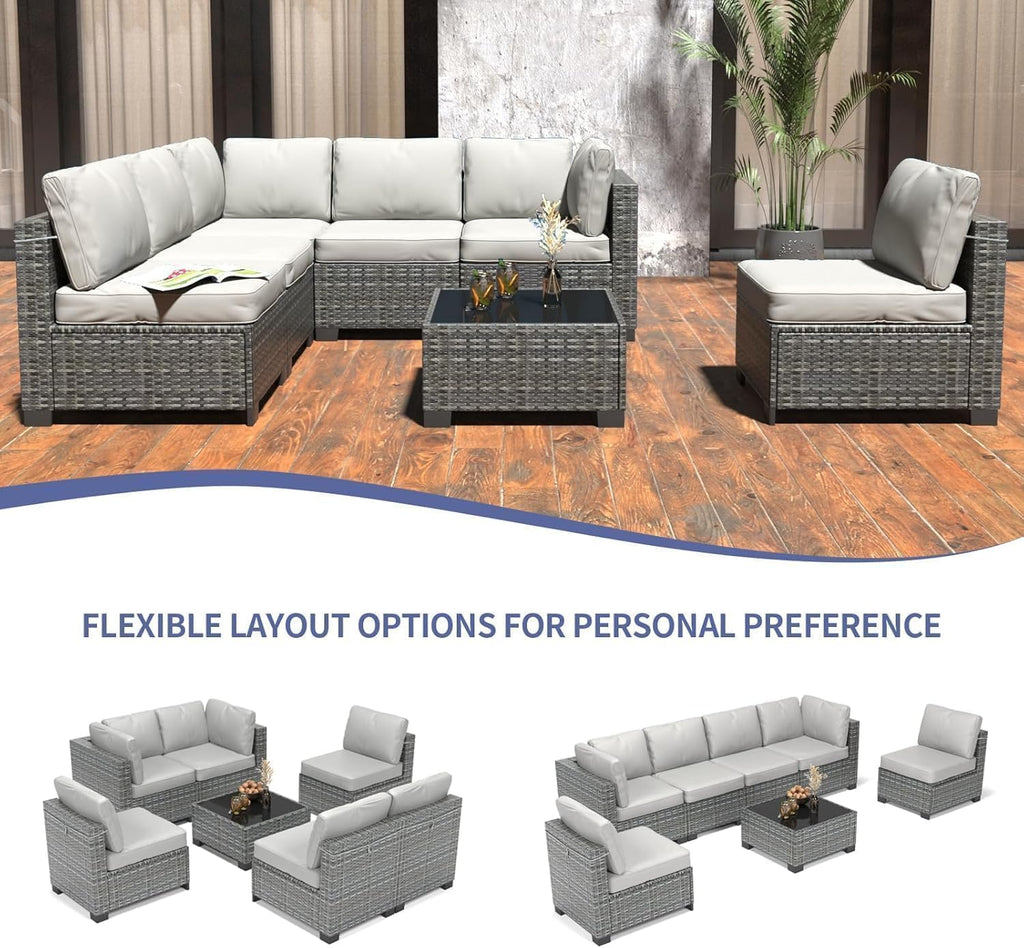 Garvee 7 Pieces Outdoor Patio Furniture Set, Rattan Wicker Sofa Set with Soft Cushions and Coffee Table, All-Weather Outdoor Furniture for Garden, Porch, Poolside, Gray&Light Gray