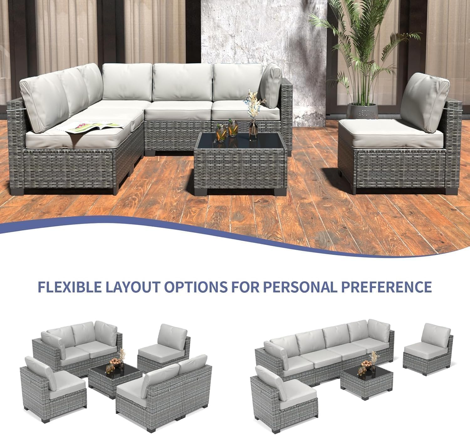 Garvee 7 Pieces Outdoor Patio Furniture Set, Rattan Wicker Sofa Set with Soft Cushions and Coffee Table, All-Weather Outdoor Furniture for Garden, Porch, Poolside, Gray&Light Gray