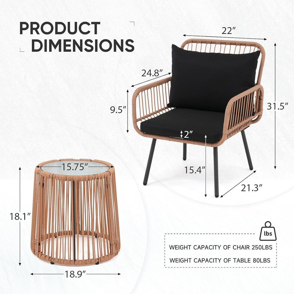 Verano Garden 3 Pieces Patio Bistro Sets, Outdoor Wicker Balcony Furniture Sets,Patio Rattan Furniture Set with Round Glass Table for Porch,Lawn,Garden,Backyard (Black, 3 PCS Set)