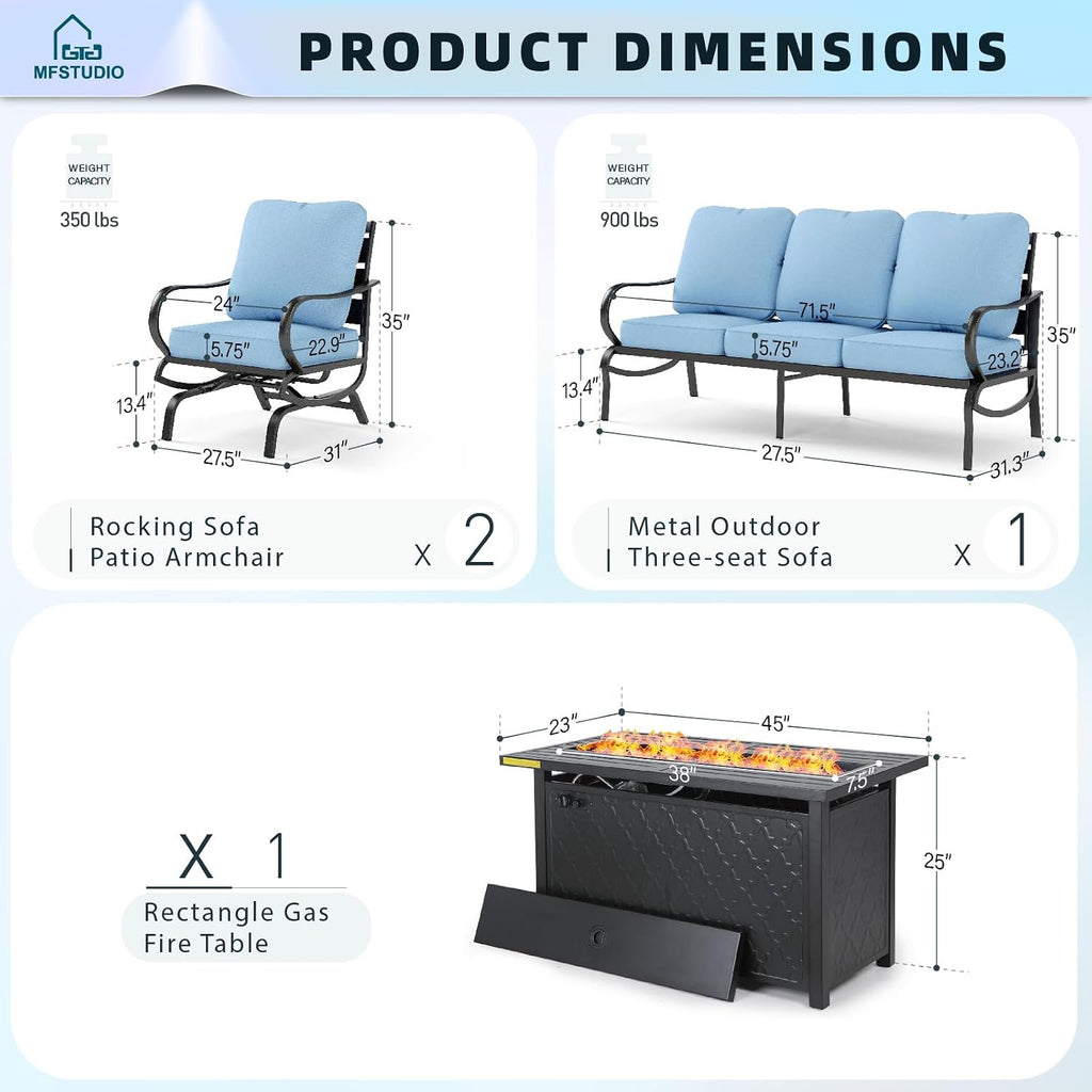 MFSTUDIO 4 Pieces Patio Conversation Sets, All Weather Metal Frame Outdoor Furniture Set Patio Sofas with 1 x 45 Rectangular Propane Fire Table, 1 x 3-Seat Sofa, 2 x Rocking Chairs, Blue Cushion