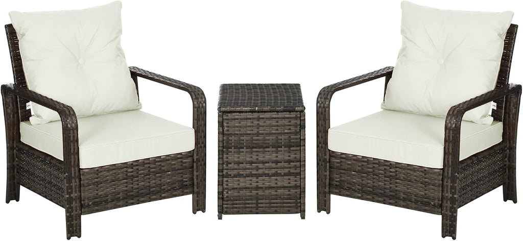 Outsunny 3 Piece Patio Furniture Set, PE Rattan Wicker Storage Table and Chairs w/Tufted Cushions for Outdoor Garden, Backyard, Poolside, Balcony, Beige
