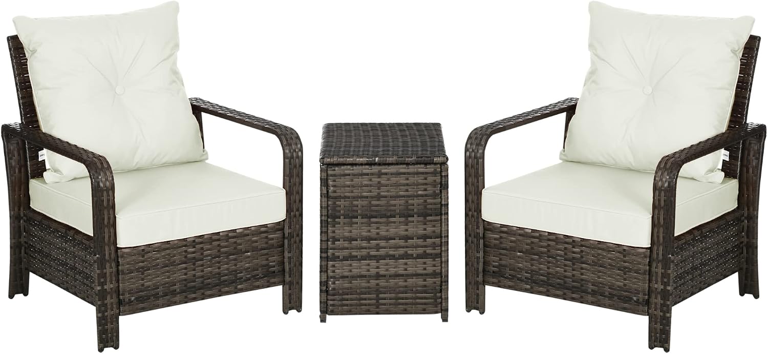 Outsunny 3 Piece Patio Furniture Set, PE Rattan Wicker Storage Table and Chairs w/Tufted Cushions for Outdoor Garden, Backyard, Poolside, Balcony, Beige