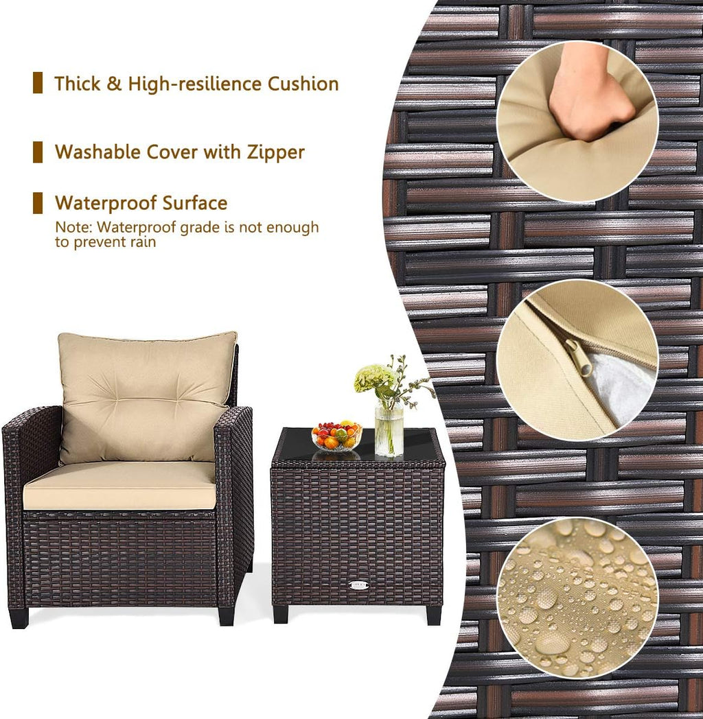 KOTEK 3 Piece Patio Furniture Set, Outdoor Conversation Set with Washable Cushions & Tempered Glass Tabletop, PE Rattan Wicker Bistro Set for Porch, Garden, Balcony (Beige)