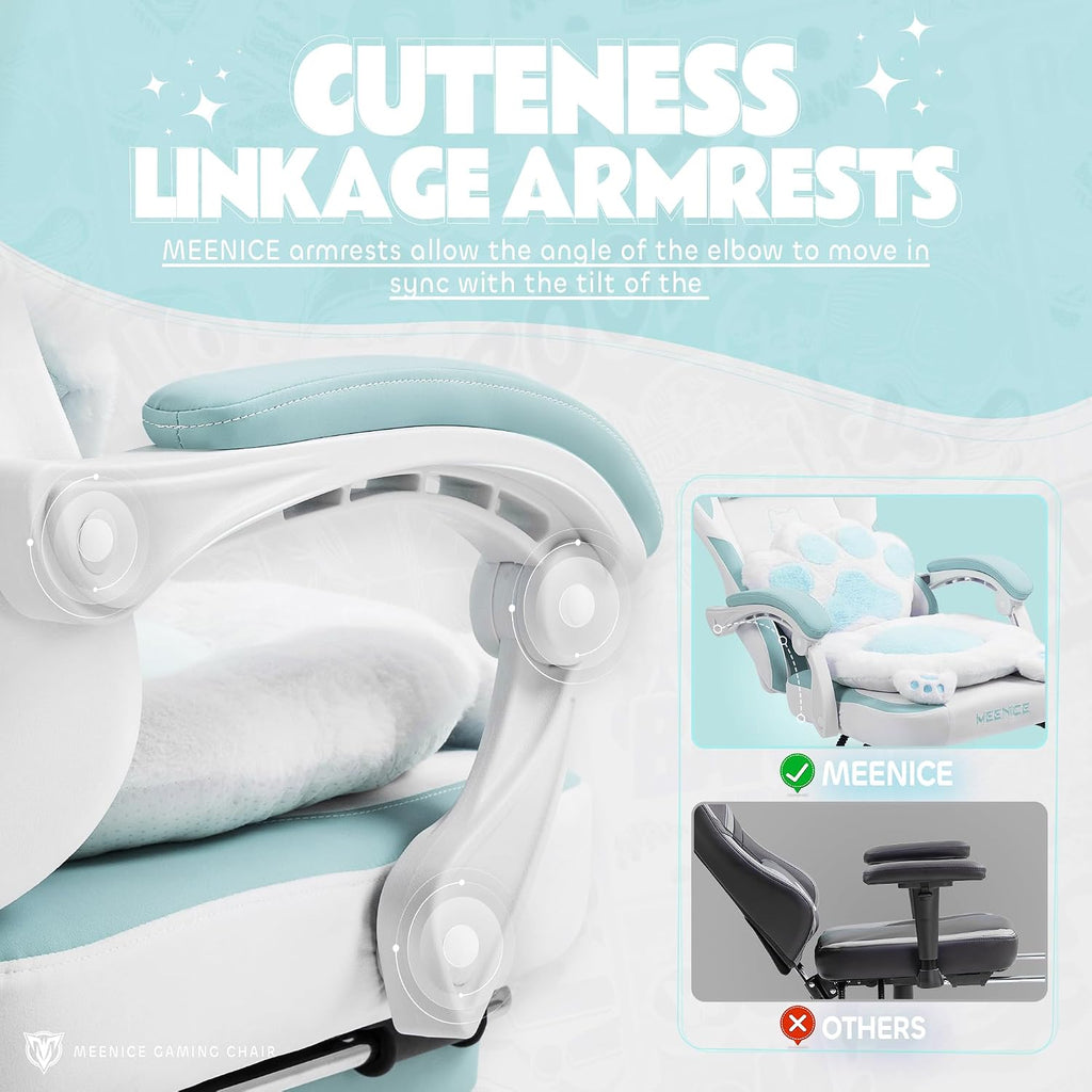 Gaming Chair Cute with Cat Ears Paw Lumbar and Cushion,Ergonomic Computer Chair with Footrest,Reclining PC Game Chair for Girl Computer Chair 300lbs for Adult Aqua Blue