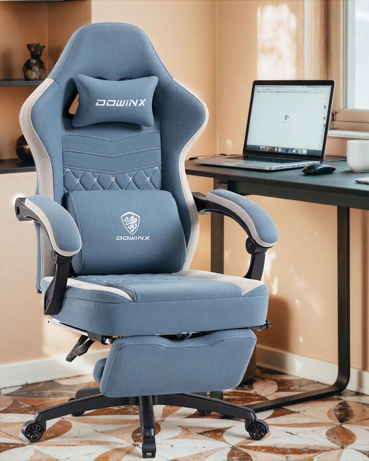 Dowinx Gaming Chair Breathable Fabric Game Chair with Gel Pad and Storage Bag, Comfortable Gamer Chair with Pocket Spring Cushion, Ergonomic Computer Chair with Footrest, Blue and White