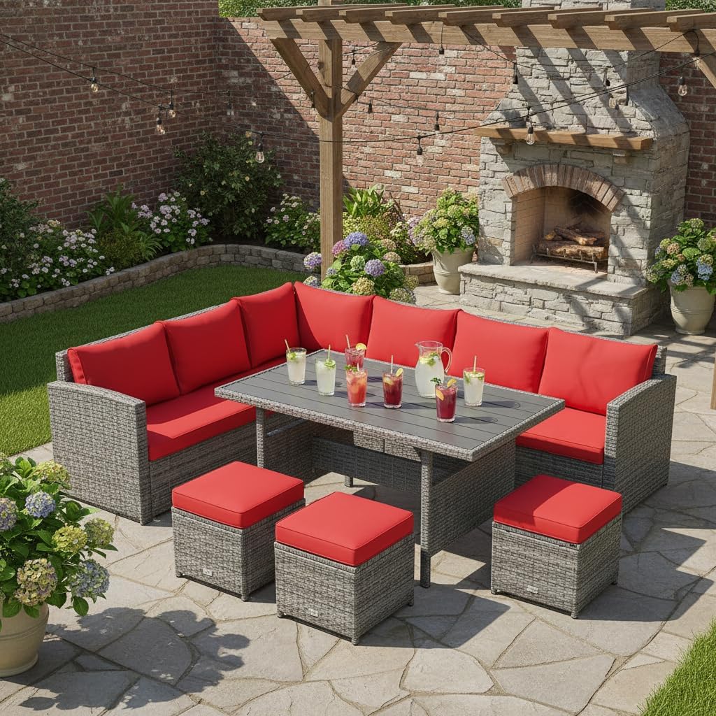 Tangkula 7 Pieces Patio Furniture Set, Outdoor Sectional Rattan Sofa Set with Cushions, All Weather Wicker Conversation Couch Set w/Dining Table & Ottomans for Backyard Garden Poolside