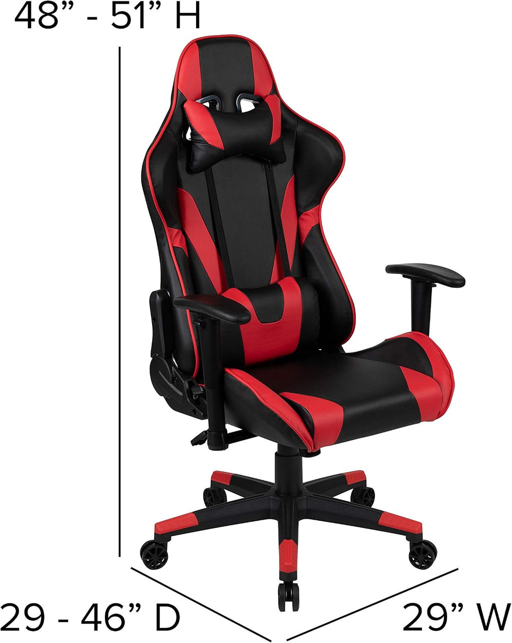 Flash Furniture X20 Fully Reclining LeatherSoft Racing Style Gaming Chair with and Lumbar Pillows, Ergonomic Padded Swivel Computer Chair, Red/Black