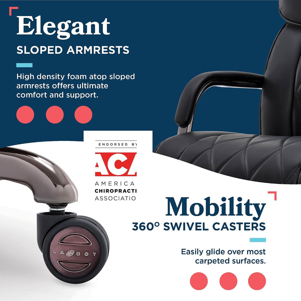 La-Z-Boy Symphony Executive Mid-Back Office Chair, Diamond Quilt Seat and Back, Pocket Coil Cushion, Padded Armrests, Ergonomic Computer DeskChair, Swivel Metal Base, Bonded Leather, Black/Graphite