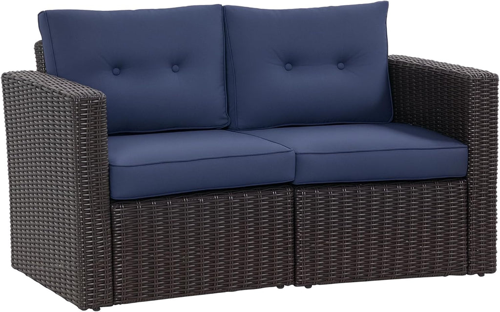 Outsunny 2 Piece Patio Wicker Corner Sofa Set, Outdoor PE Rattan Furniture, with Curved Armrests and Padded Cushions for Balcony, Garden, or Lawn, Dark Blue