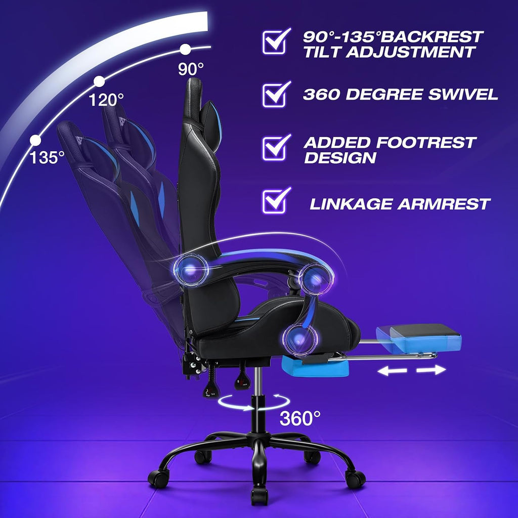 HOFFREE Gaming Chair with LED RGB Lights Massage Video Gamer Chairs with Footrest Ergonomic High Back Reclining Computer Chair with Adjustable Lumbar Support Blue and Black