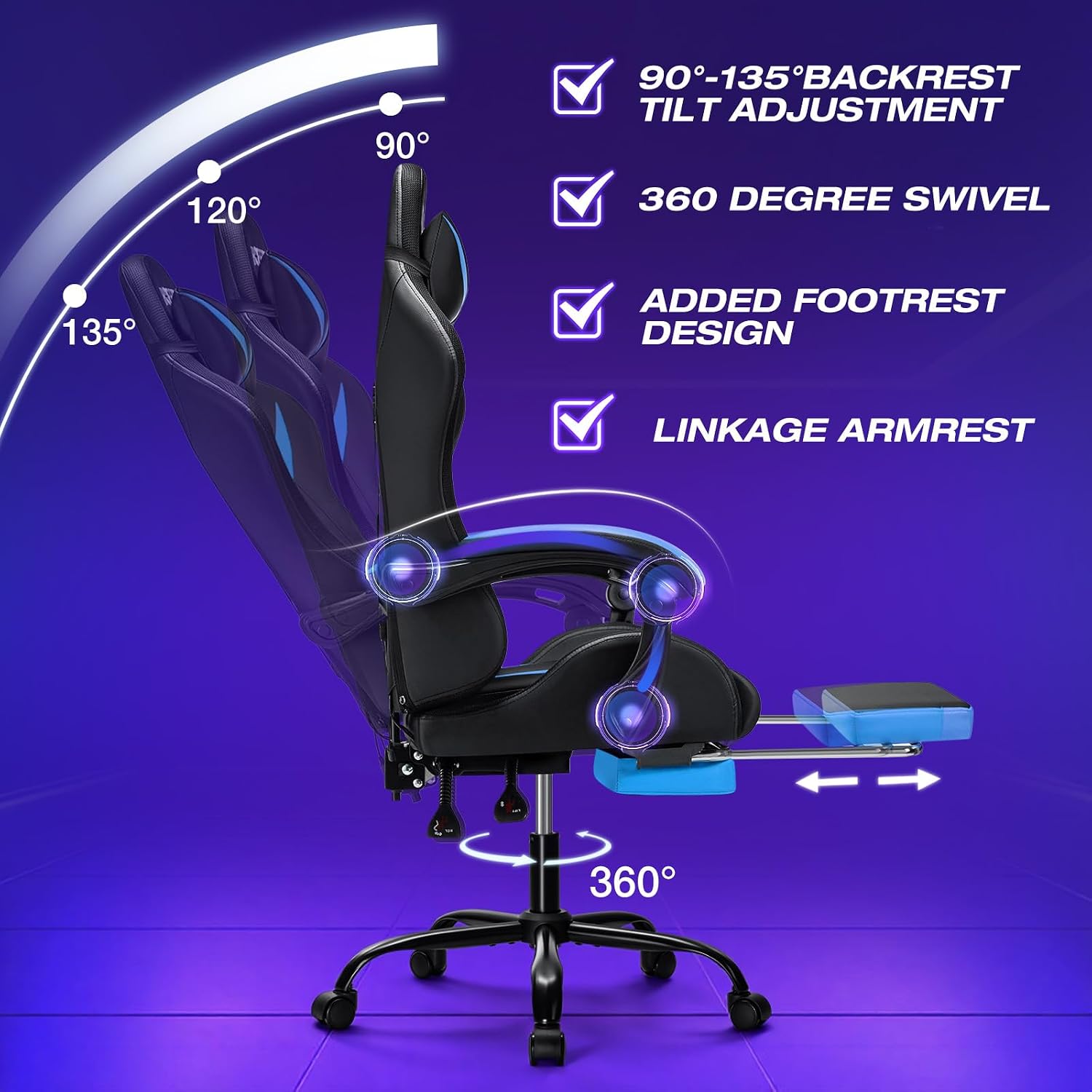 HOFFREE Gaming Chair with LED RGB Lights Massage Video Gamer Chairs with Footrest Ergonomic High Back Reclining Computer Chair with Adjustable Lumbar Support Blue and Black