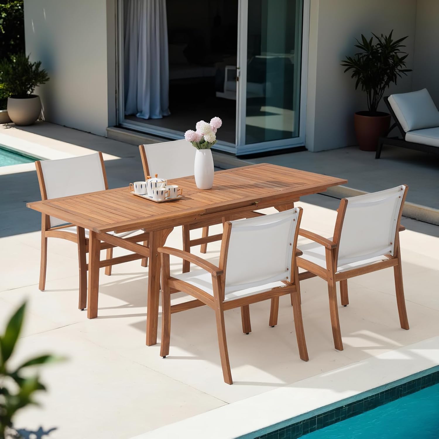 OC Orange-Casual Patio Furniture Set, Acacia Wood Patio Dining Set for 6-8, Outdoor Expandable Table and Chairs Set with Umbrella Hole and Breathable Textilene Fabric for Garden (White, 5 Pieces)