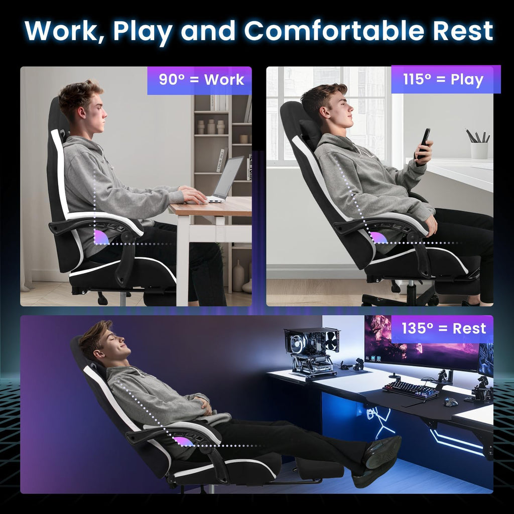 N-GEN GAMING Video Gaming Chair Office Computer Desk Use Ergonomic Reclining Backrest Adjustable Armrests Lumbar Support Footrest High Density Foam Breathable Fabric Heavy Duty Base (Black)