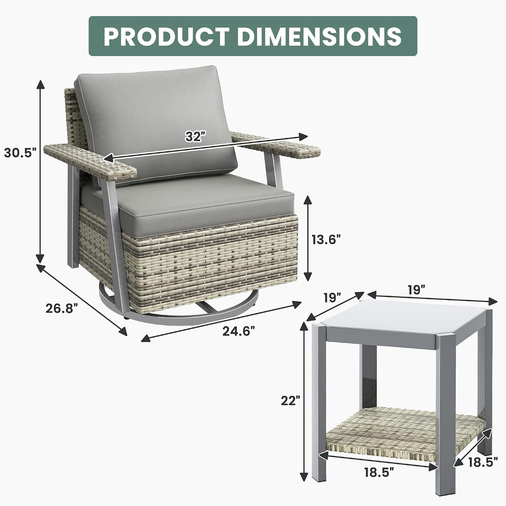 Pamapic 3 Pieces Patio Furniture Set, Outdoor Swivel Glider Rocking Chairs with Thick Cushions, Outdoor Wicker Bistro Set with Side Table, Swivel Conversation Set for Porch, Balcony, Deck