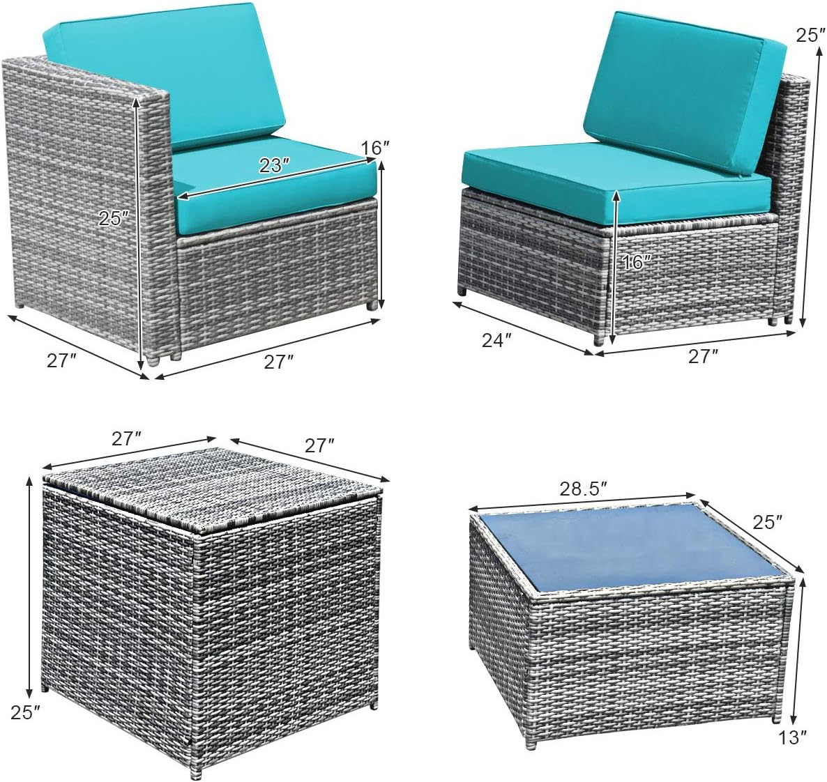 Tangkula 8 Pieces Wicker Patio Furniture Set with Storage Deck Box, PE Rattan Outdoor Sectional Conversation Set with Coffee Table & Cushions, Outside Furniture for Garden Yard Poolside (Turquoise)