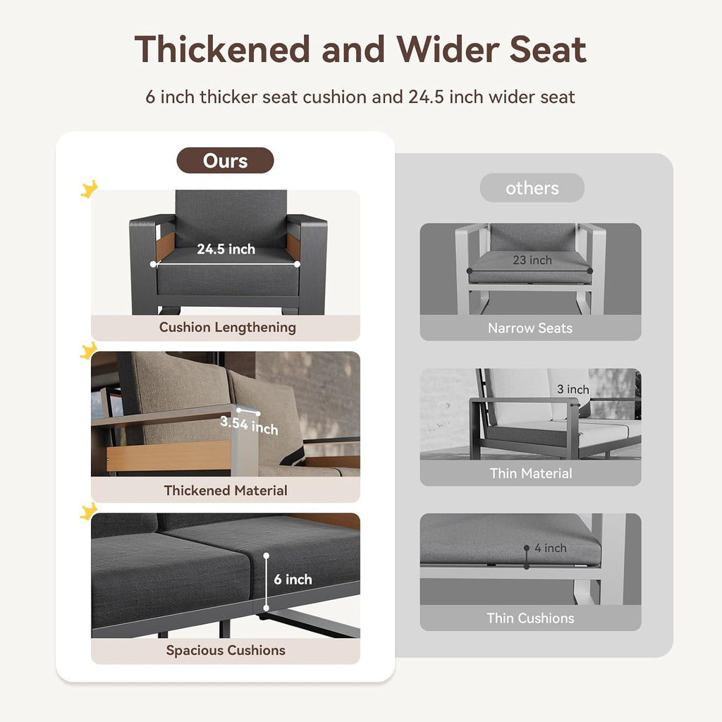 Aoxun Aluminum Patio Furniture Set, 5 Seats Sectional Metal Patio Furniture with Coffee Table, 6'' Thick Cushions and 3-Seat Sofa, Modern Outside Sectional Set for Backyard/Garden/Poolside, Dark Grey