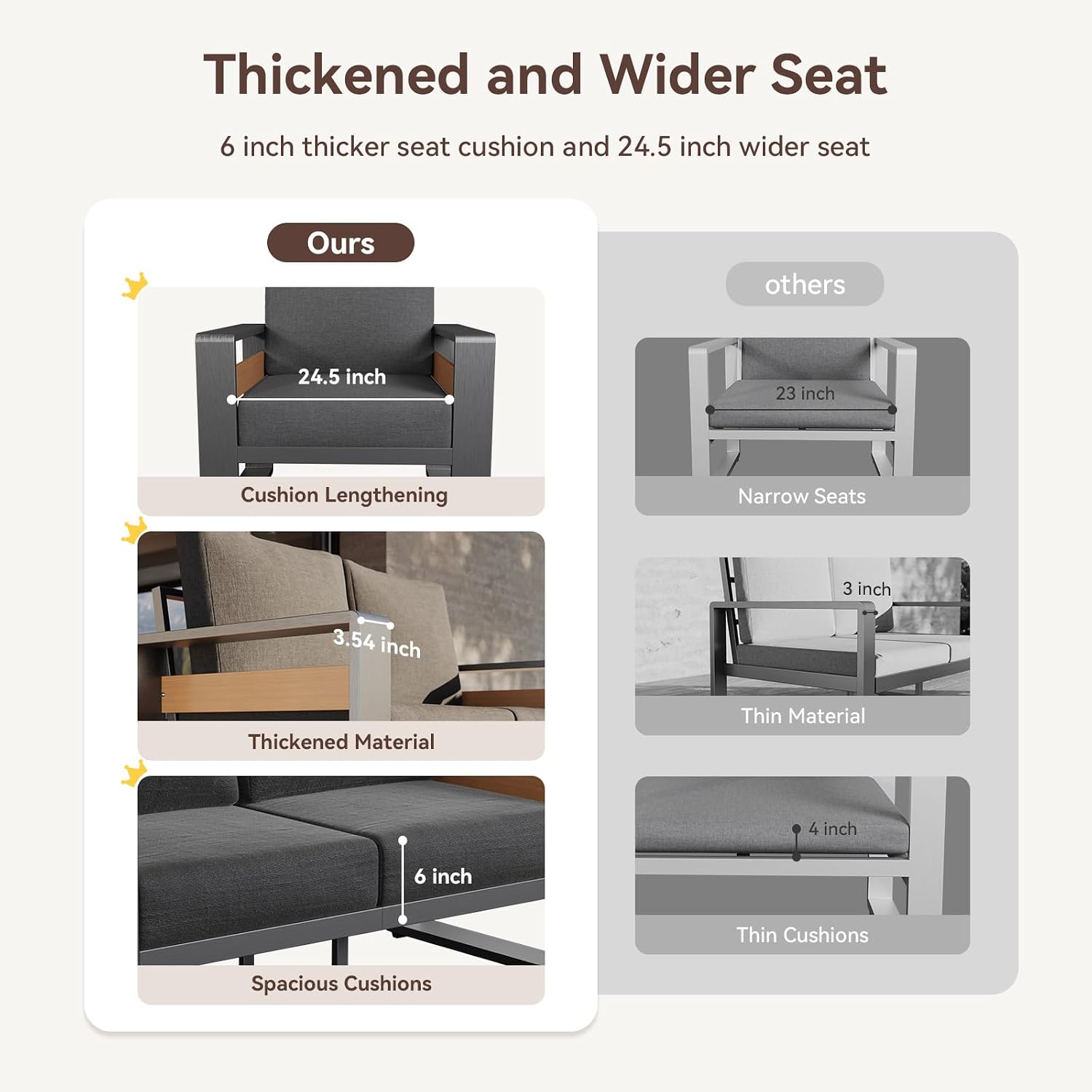 Aoxun Aluminum Patio Furniture Set, 5 Seats Sectional Metal Patio Furniture with Coffee Table, 6'' Thick Cushions and 3-Seat Sofa, Modern Outside Sectional Set for Backyard/Garden/Poolside, Dark Grey