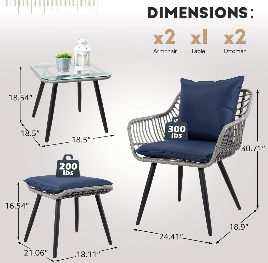 FHFO 5 Piece Outdoor Patio Furniture Set, Rattan Balcony Furniture with Ottomans, Wicker Bistro Table and Chairs Footrest for Patio, Garden, Porch, Backyard, Poolside(Gray-Blue)