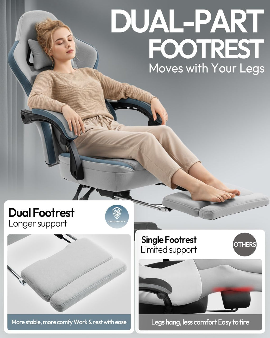 Dowinx Gaming Chair Breathable Fabric Game Chair with Gel Pad and Storage Bag, Comfortable Gamer Chair with Pocket Spring Cushion, Ergonomic Computer Chair with Footrest, Grey and Blue
