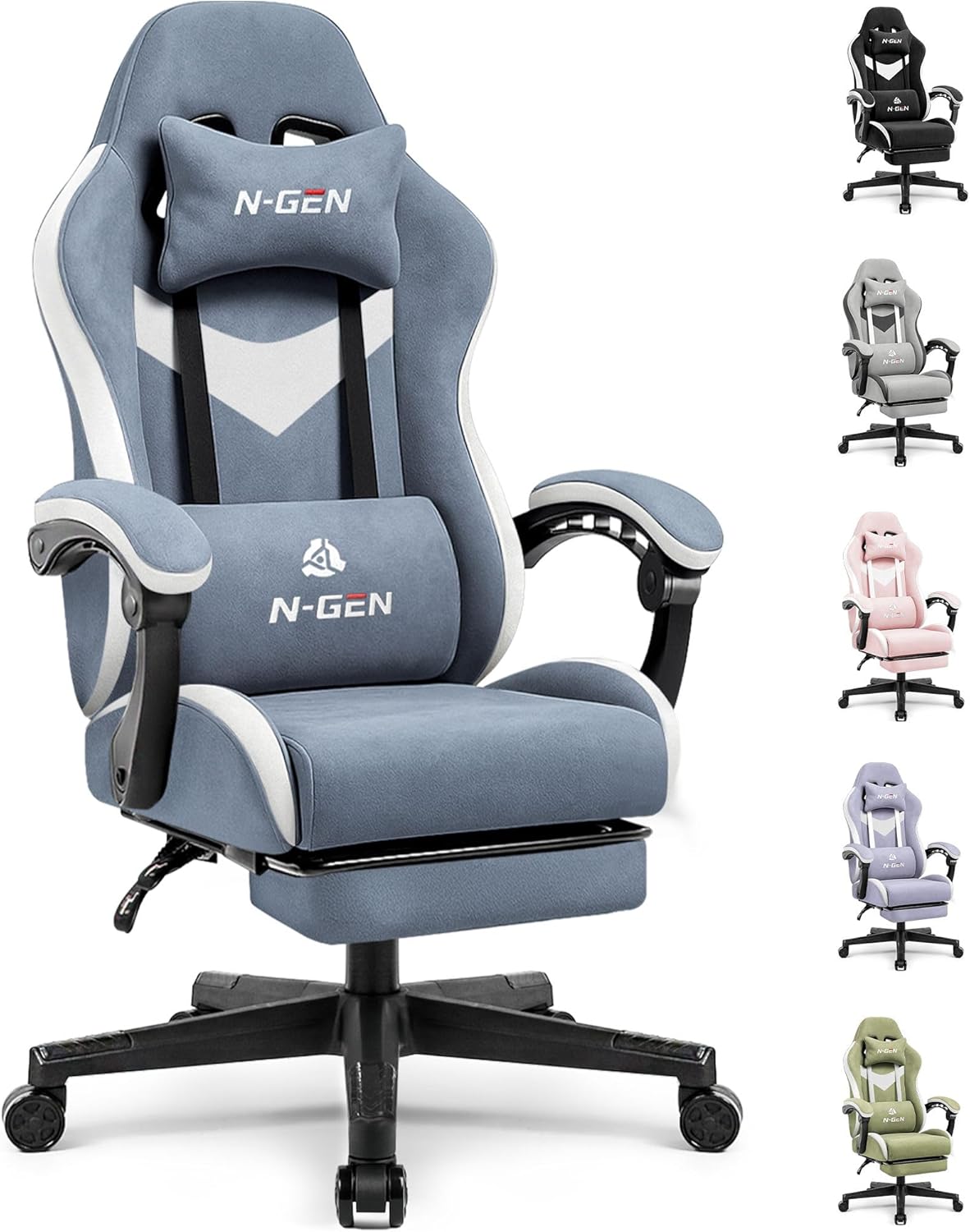 N-GEN GAMING Video Gaming Chair Office Computer Desk Use Ergonomic Reclining Backrest Adjustable Armrests Lumbar Support Footrest High Density Foam Breathable Fabric Heavy Duty Base (Blue)
