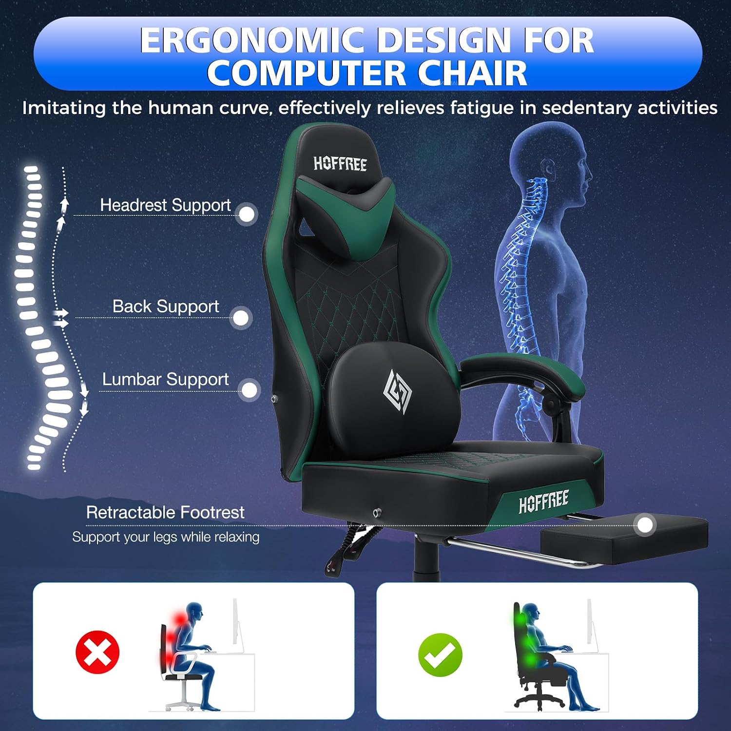 HOFFREE Gaming Chair Computer Chair with Speakers Massage Game Chairs with Footrest Bluetooth High Back Ergonomic Computer Gaming Chairs for Adults Reclining Video Gamer Chair Green and Black