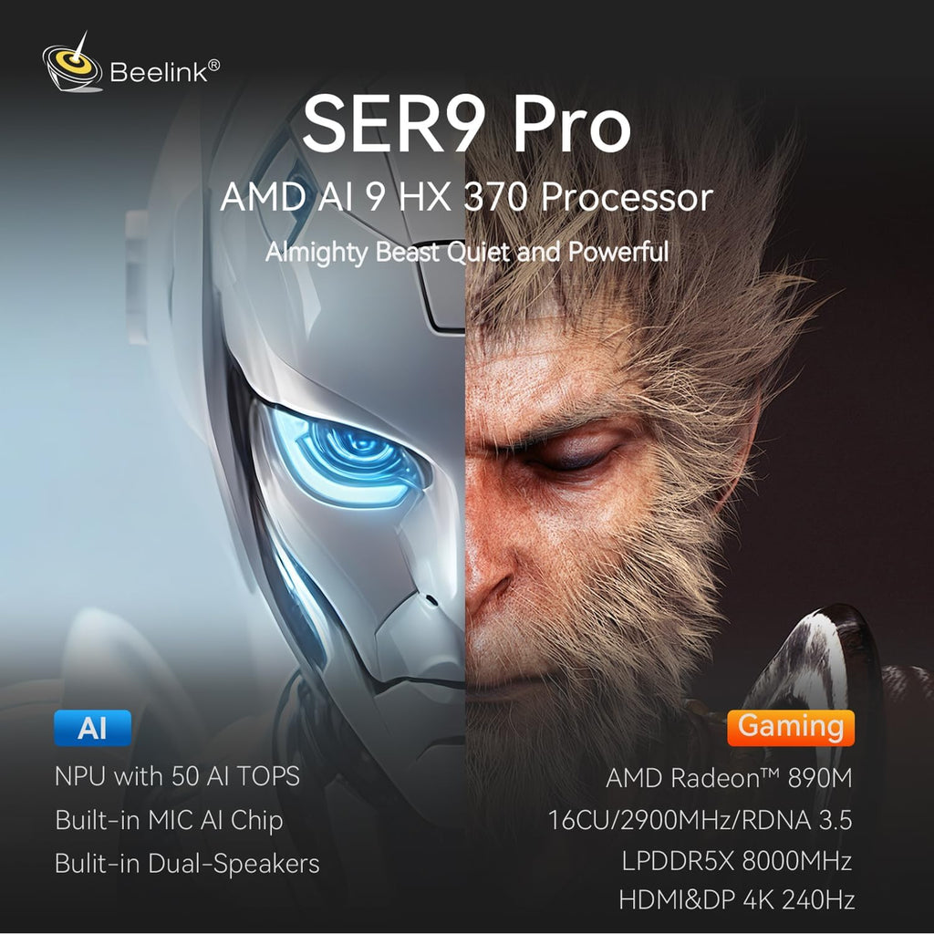 Beelink SER9 Pro AI Mini PC, AMD Ryzen AI 9 HX 370(80TOPS,12C/24T,5.1GHz), 32G LPDDR5X 1TB PCIe4.0 x4 SSD, AI PC AMD Radeon 890M NPU 50 AI Tops, Built-in MIC/Speakers/USB4/WiFi6/BT5.2/2.5G