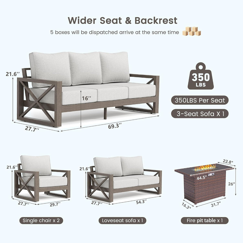 UDPATIO Aluminum Patio Furniture Set, Faux Wood Grain Modern Outdoor Furniture, 6' Cushions Metal Patio Conversation Sofa with Fire Table for Poolside Deck, 6 PCS, Beige(Include 600D Covers)