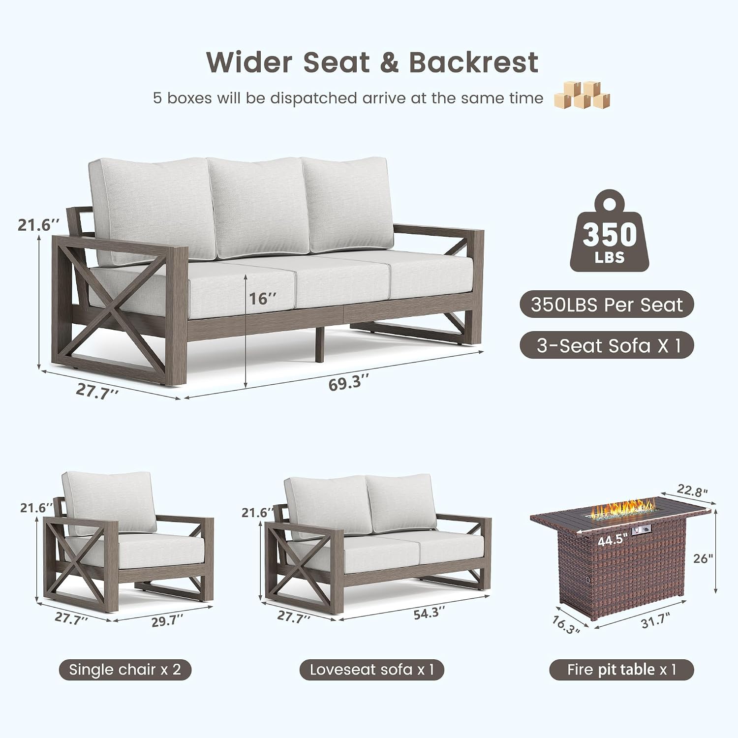 UDPATIO Aluminum Patio Furniture Set, Faux Wood Grain Modern Outdoor Furniture, 6' Cushions Metal Patio Conversation Sofa with Fire Table for Poolside Deck, 6 PCS, Beige(Include 600D Covers)