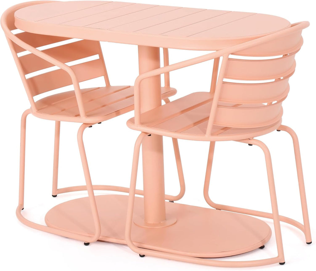 Christopher Knight Home Adley Outdoor Bistro Set, 3-Piece Bistro Table and Chair Set of 2, Patio Furniture Set with Iron Frame, Bistro Dining for Poolside Garden Cafeteria, Matte Coral
