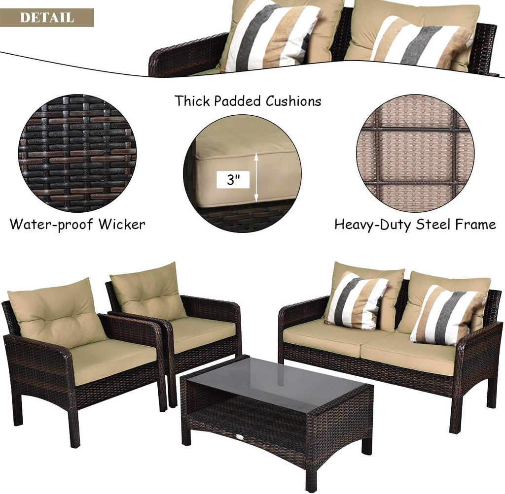 COSTWAY 4-Piece Patio Furniture Set, Sectional Wicker Rattan Sofa Chair with Cushion, Loveseat, Coffee Table with Tempered Glass and Shelf, Outdoor Conversation Sets for Poolside Porch (Brown)