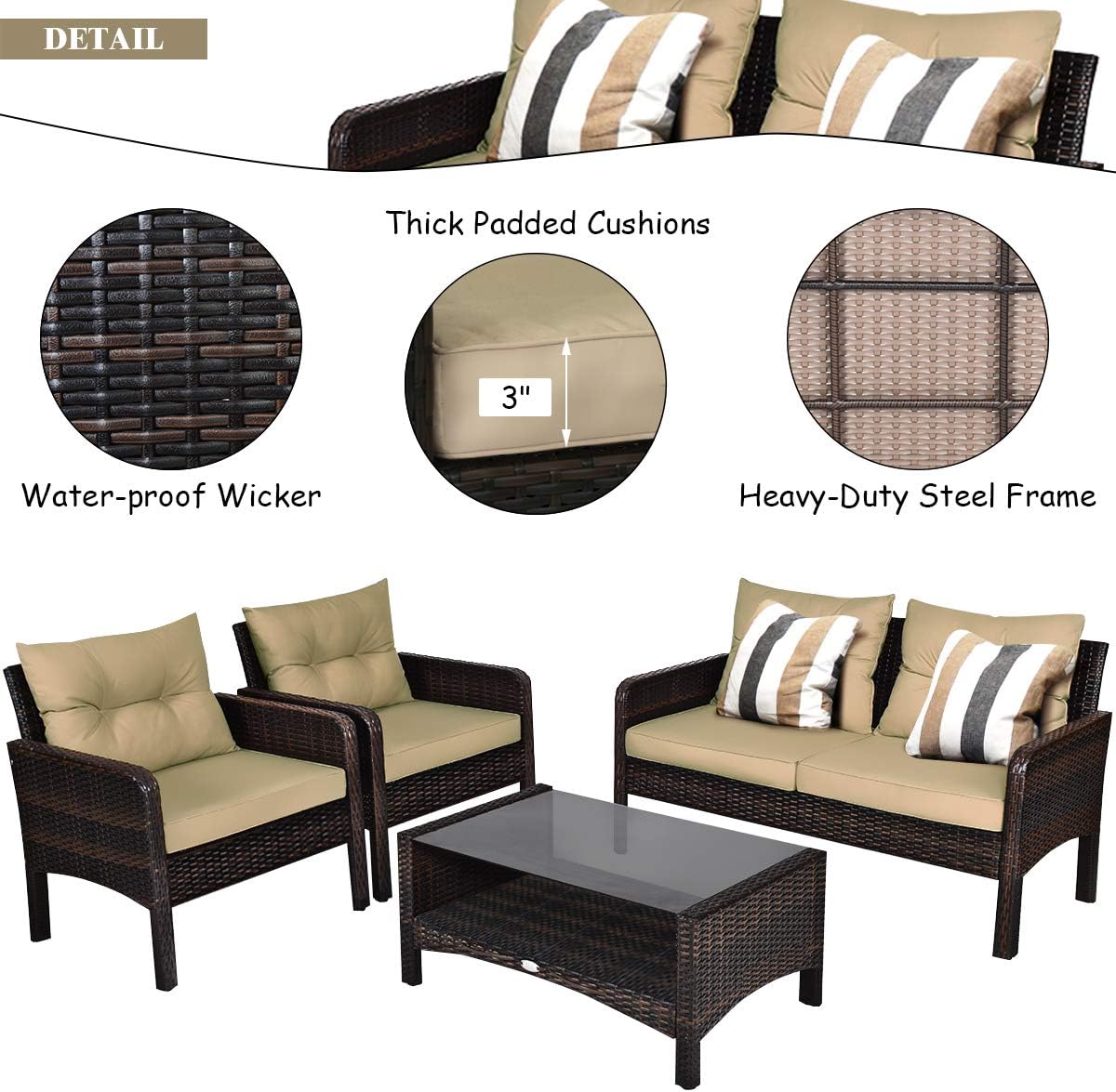 COSTWAY 4-Piece Patio Furniture Set, Sectional Wicker Rattan Sofa Chair with Cushion, Loveseat, Coffee Table with Tempered Glass and Shelf, Outdoor Conversation Sets for Poolside Porch (Brown)